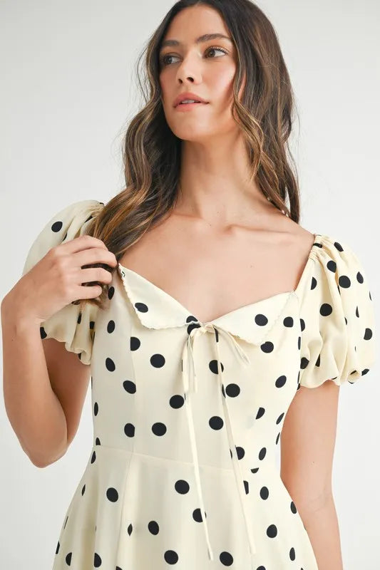 Mable Polka Dot Puff Sleeve Midi Dress.