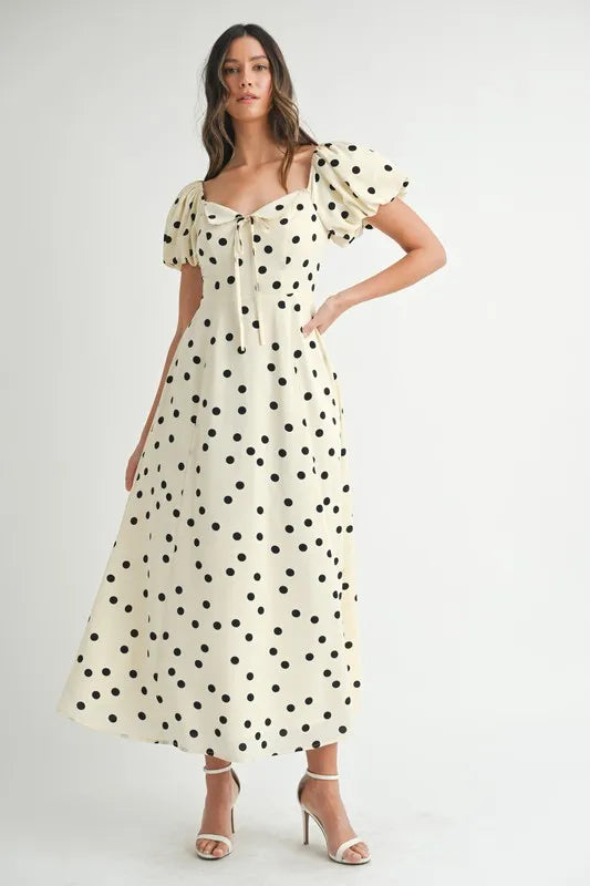 Mable Polka Dot Puff Sleeve Midi Dress.