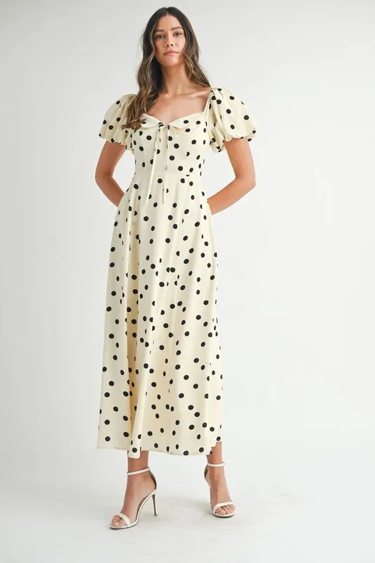 Mable Polka Dot Puff Sleeve Midi Dress.