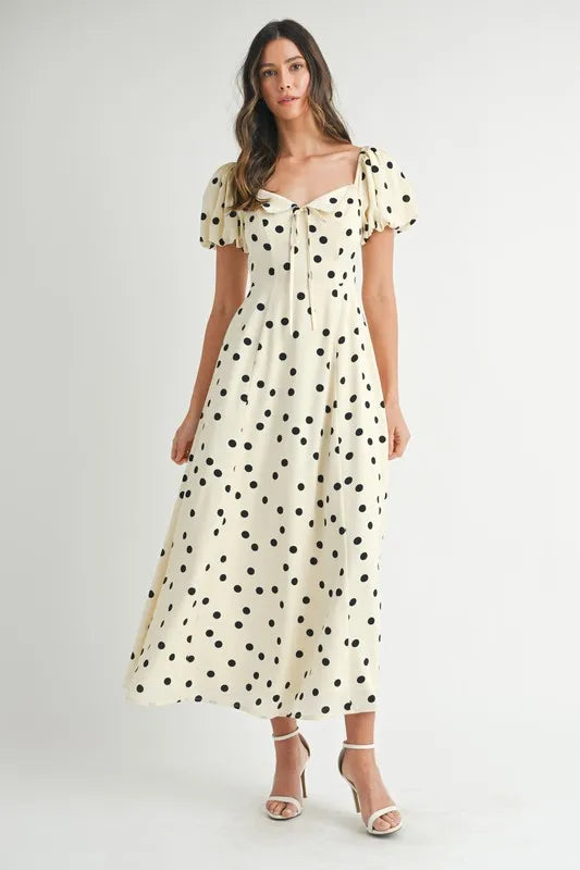 Mable Polka Dot Puff Sleeve Midi Dress.