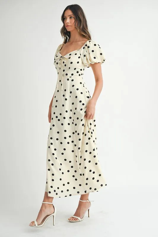 Mable Polka Dot Puff Sleeve Midi Dress.