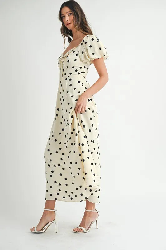 Mable Polka Dot Puff Sleeve Midi Dress.