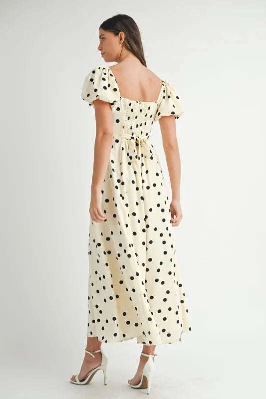 Mable Polka Dot Puff Sleeve Midi Dress.