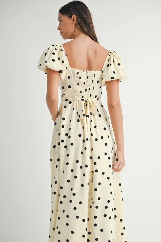 Mable Polka Dot Puff Sleeve Midi Dress.