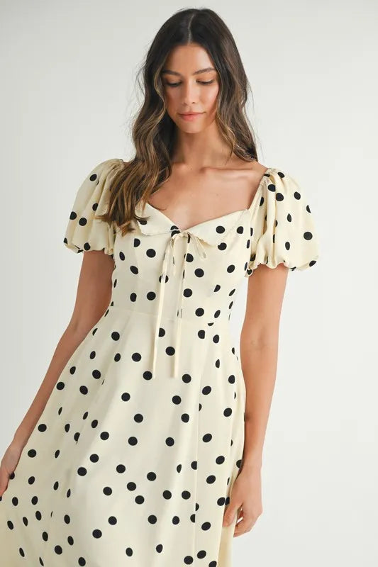 Mable Polka Dot Puff Sleeve Midi Dress.