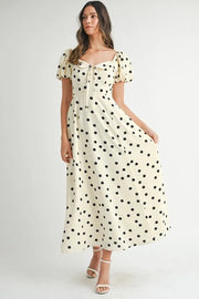 Mable Polka Dot Puff Sleeve Midi Dress.