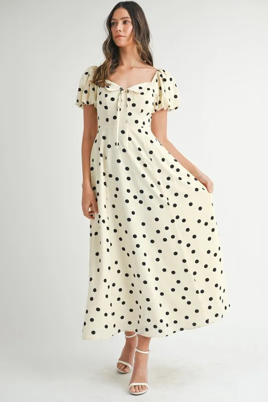Mable Polka Dot Puff Sleeve Midi Dress.