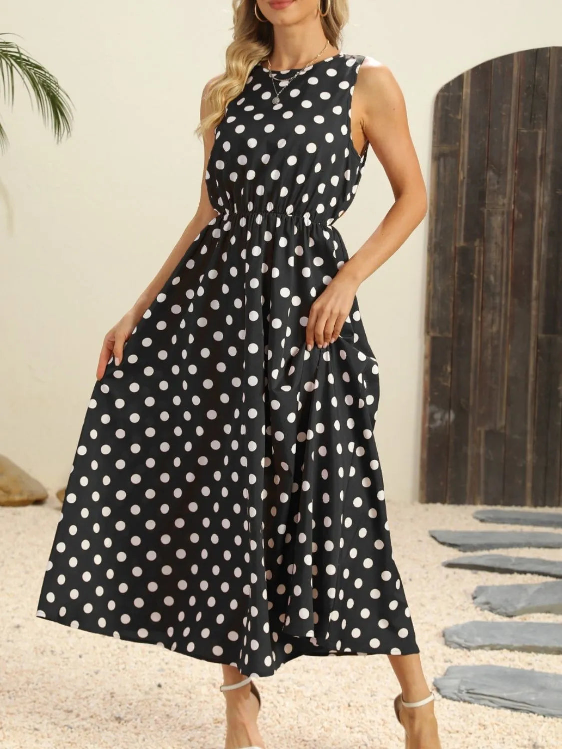 Polka Dot Round Neck Sleeveless Midi Dress.