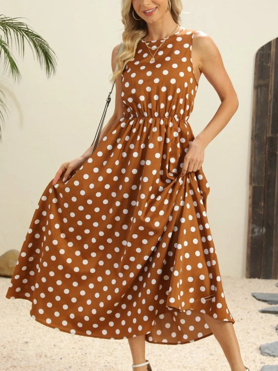 Polka Dot Round Neck Sleeveless Midi Dress.