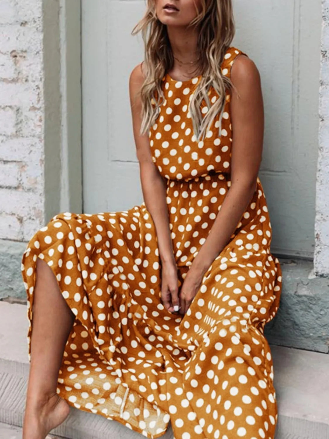 Polka Dot Round Neck Sleeveless Midi Dress.