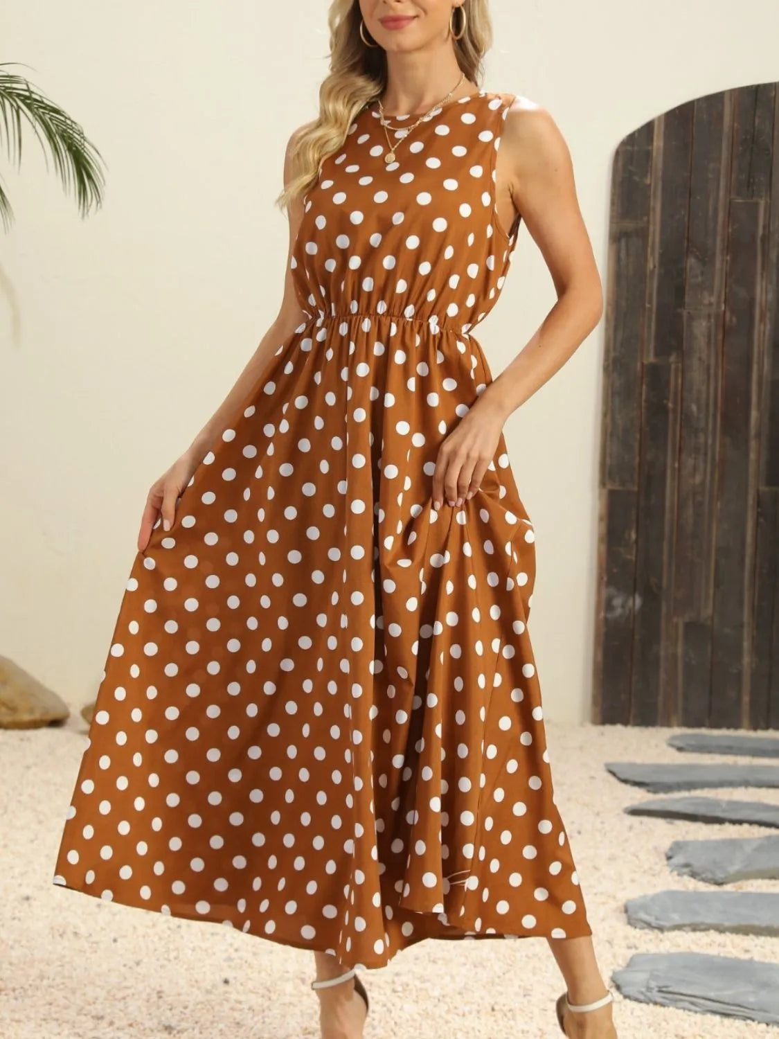 Polka Dot Round Neck Sleeveless Midi Dress.
