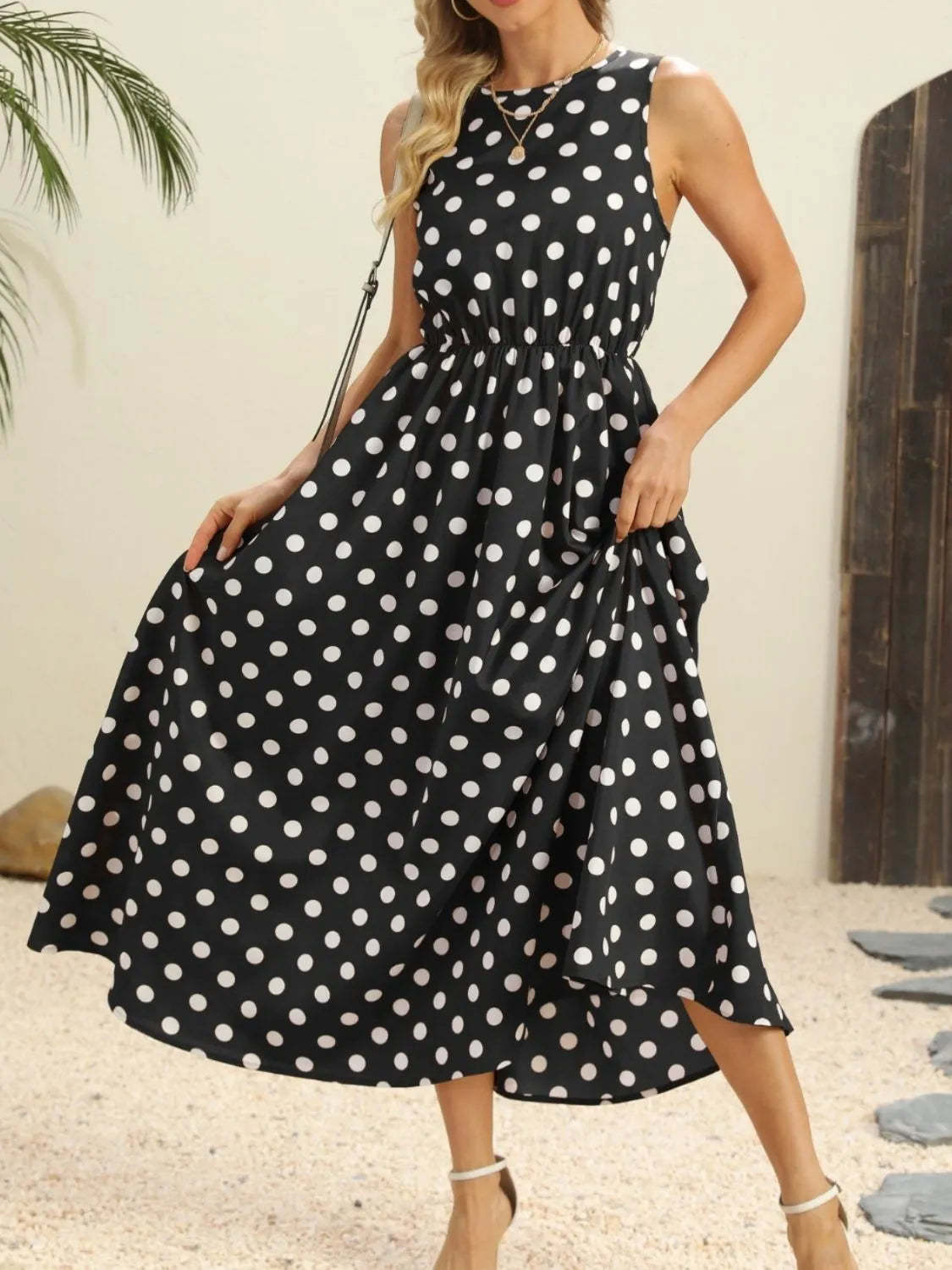 Polka Dot Round Neck Sleeveless Midi Dress.