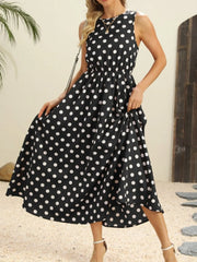 Polka Dot Round Neck Sleeveless Midi Dress.