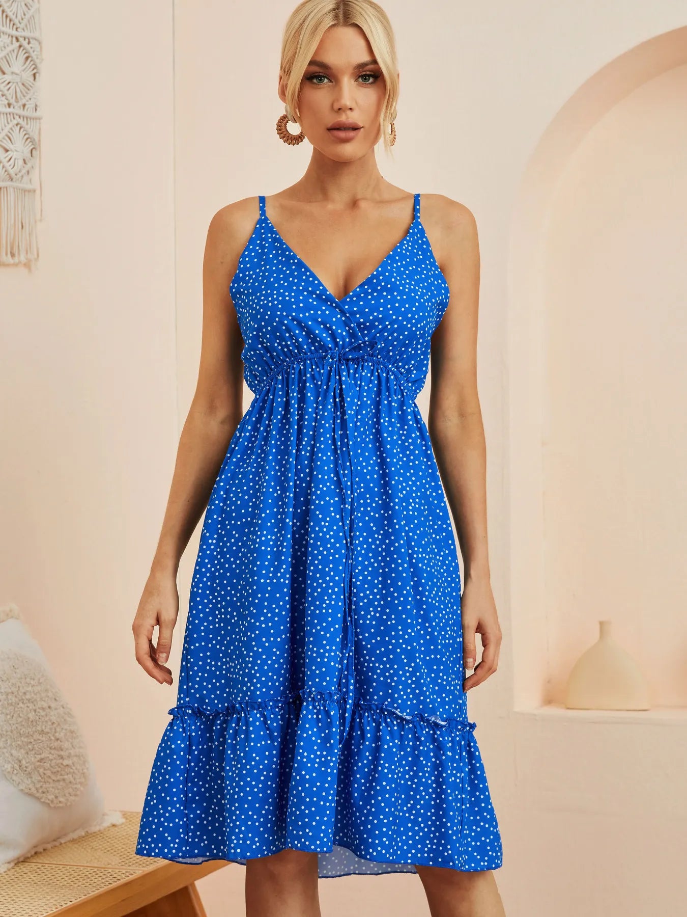 Polka Dot Ruffle Hem Mini Cami Dress.