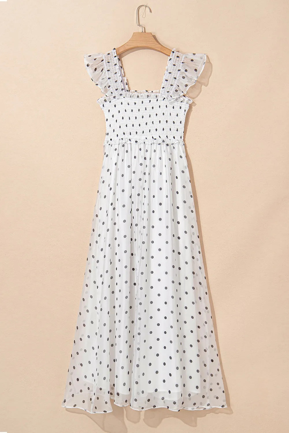 Polka Dot Ruffle Sleeve Smocked Midi Dress.