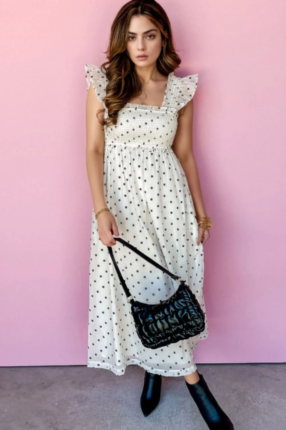 Polka Dot Ruffle Sleeve Smocked Midi Dress.