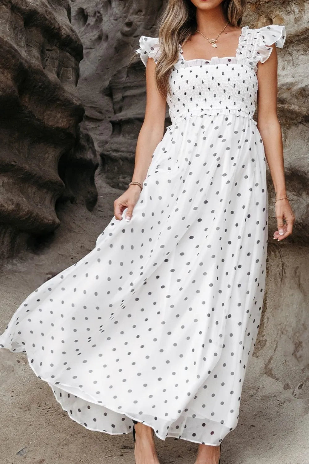 Polka Dot Ruffle Sleeve Smocked Midi Dress.