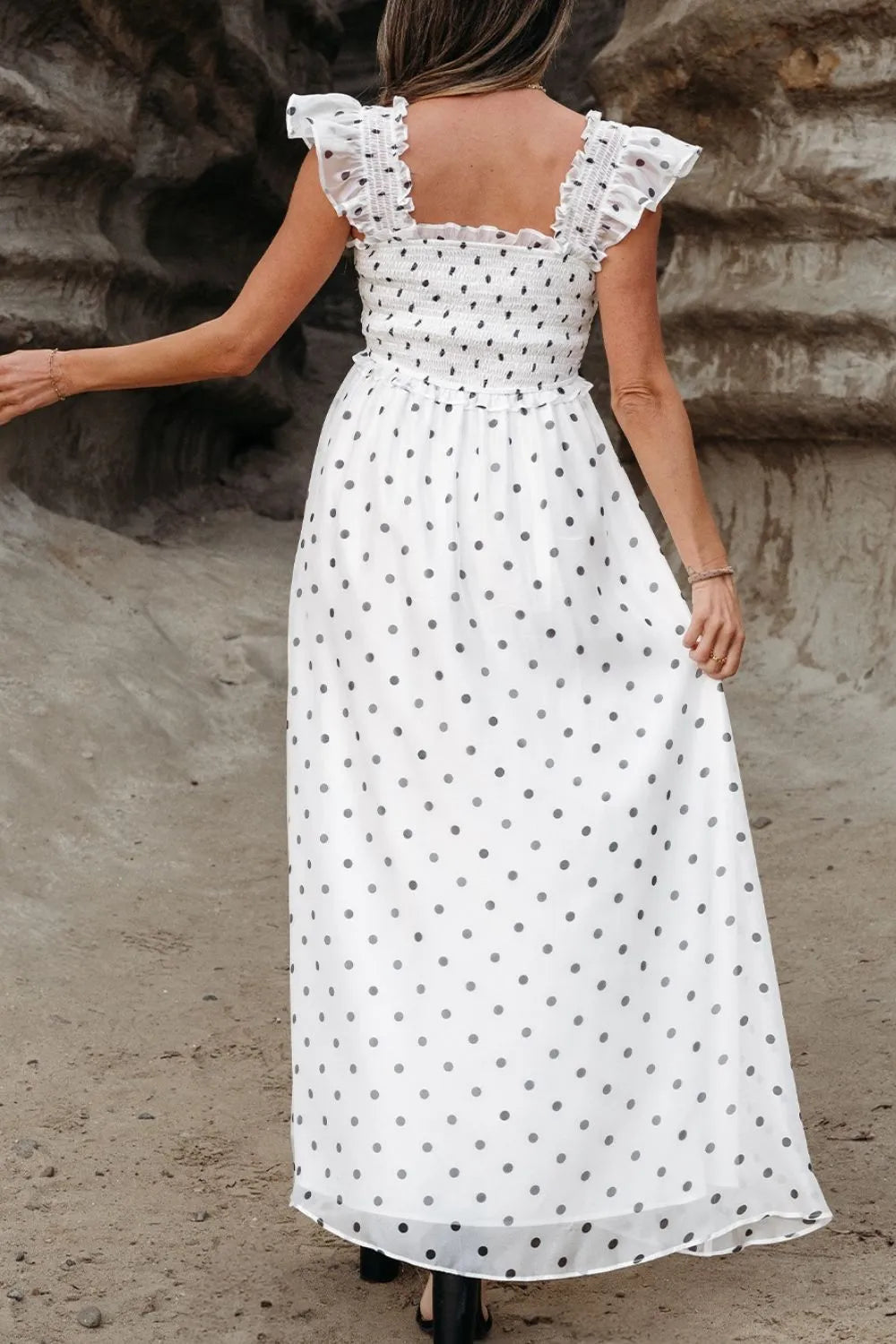 Polka Dot Ruffle Sleeve Smocked Midi Dress.
