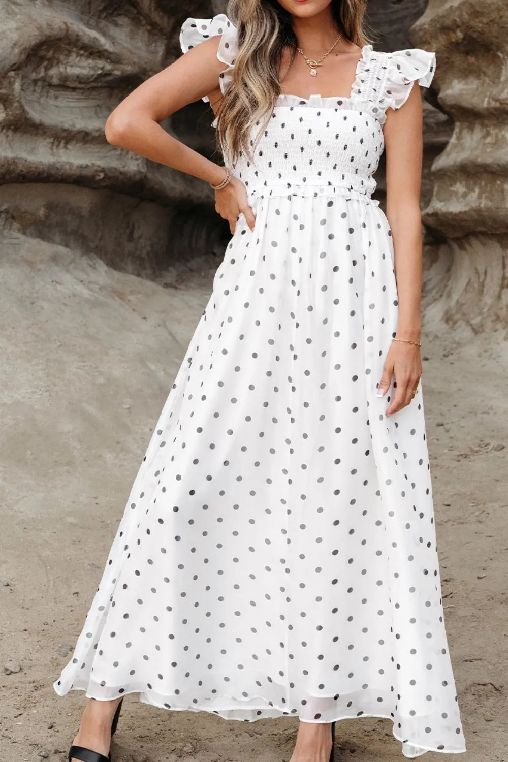 Polka Dot Ruffle Sleeve Smocked Midi Dress.