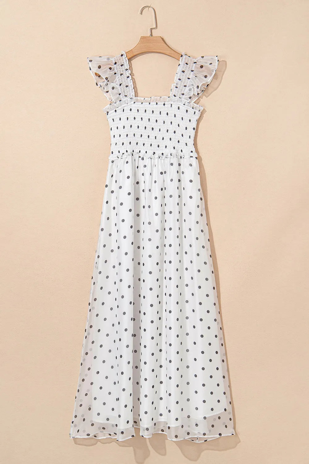 Polka Dot Ruffle Sleeve Smocked Midi Dress.
