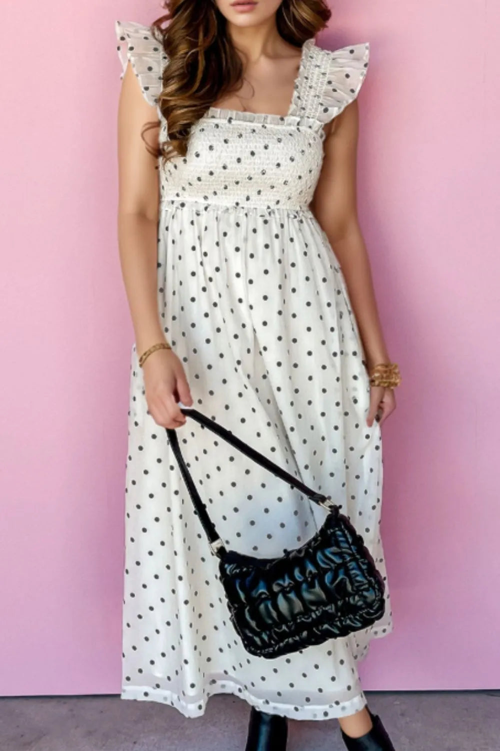 Polka Dot Ruffle Sleeve Smocked Midi Dress.
