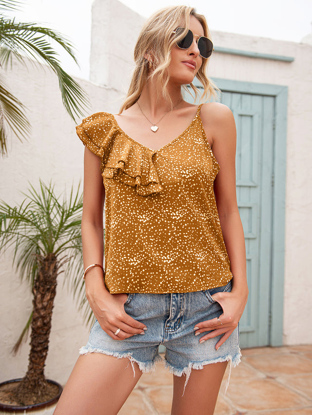 Polka dot ruffle trim asymmetrical V-neck tank top.