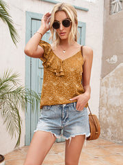 Polka dot ruffle trim asymmetrical V-neck tank top.