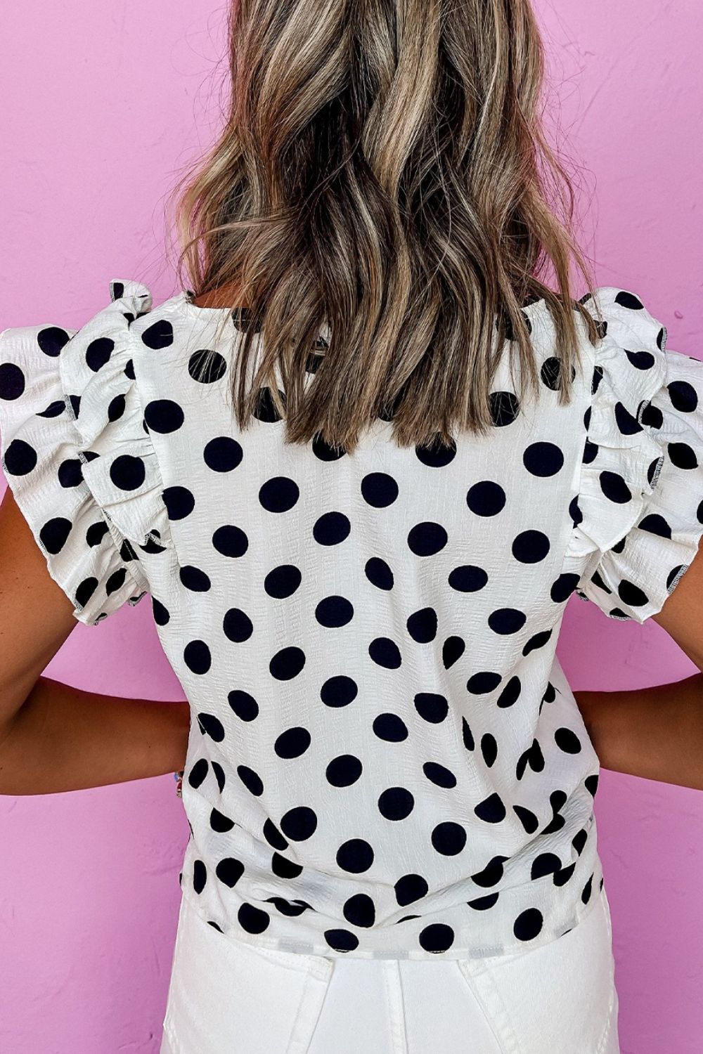 Polka Dot Ruffled Cap Sleeve V Neck Blouse.
