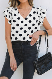 Polka Dot Ruffled Cap Sleeve V Neck Blouse.