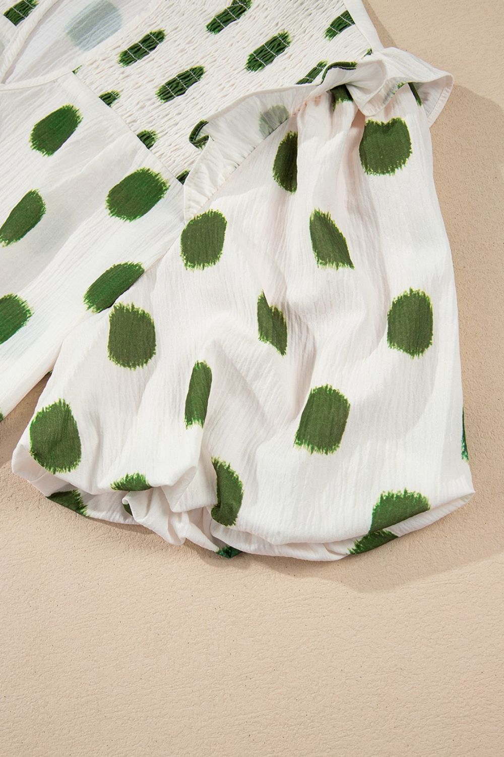 Polka Dot Shirred Yoke Notched Neck Puff Sleeve Blouse with Frill.
