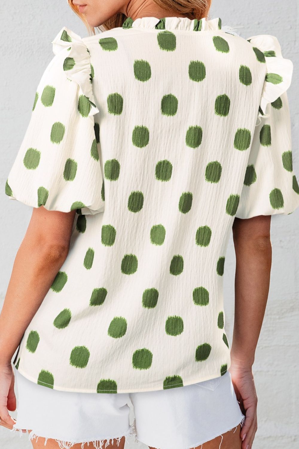 Polka Dot Shirred Yoke Notched Neck Puff Sleeve Blouse with Frill.