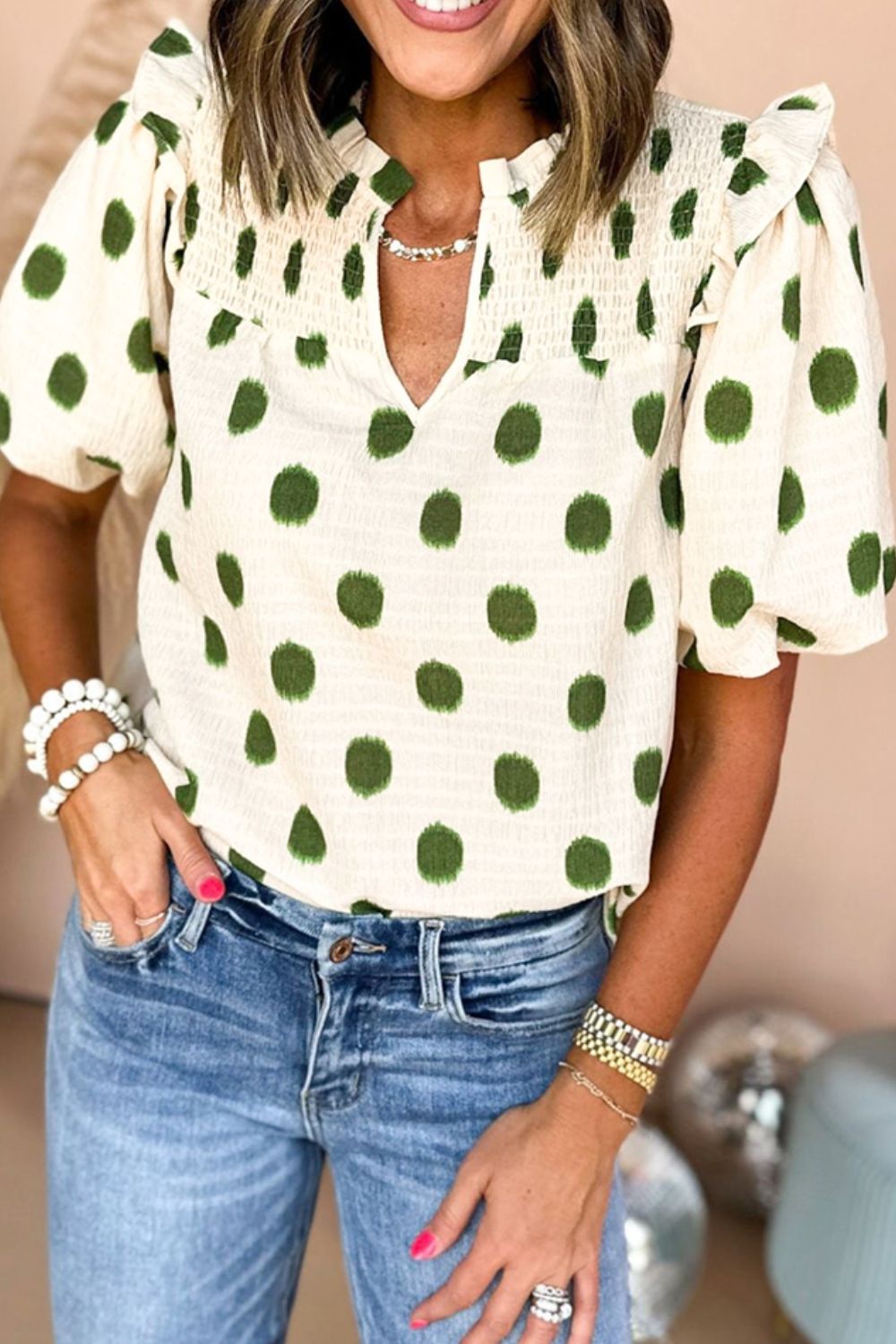 Polka Dot Shirred Yoke Notched Neck Puff Sleeve Blouse with Frill.