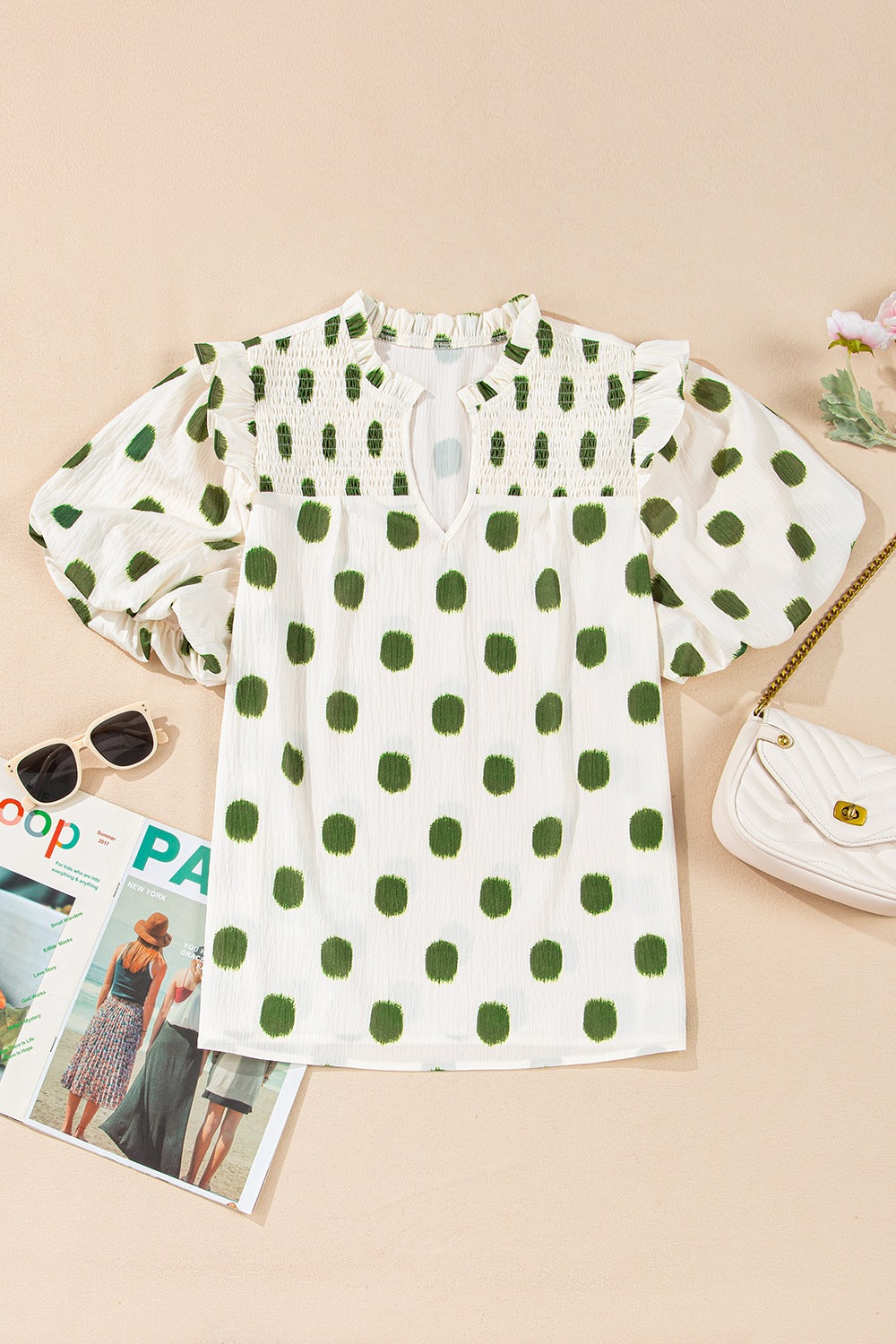 Polka Dot Shirred Yoke Notched Neck Puff Sleeve Blouse with Frill.