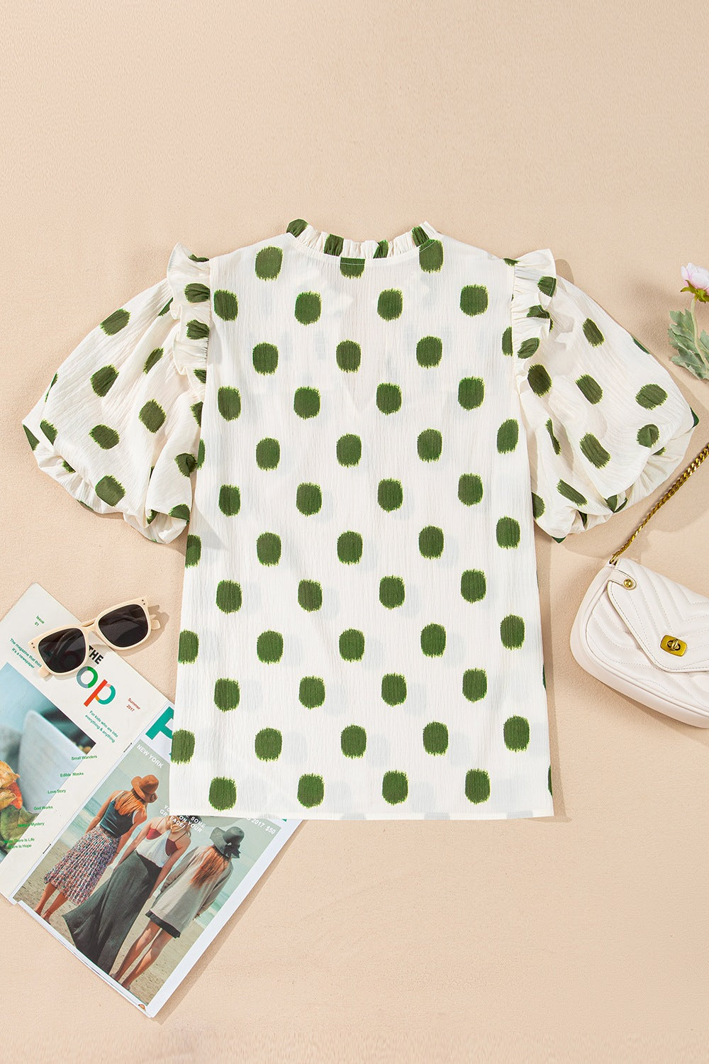 Polka Dot Shirred Yoke Notched Neck Puff Sleeve Blouse with Frill.