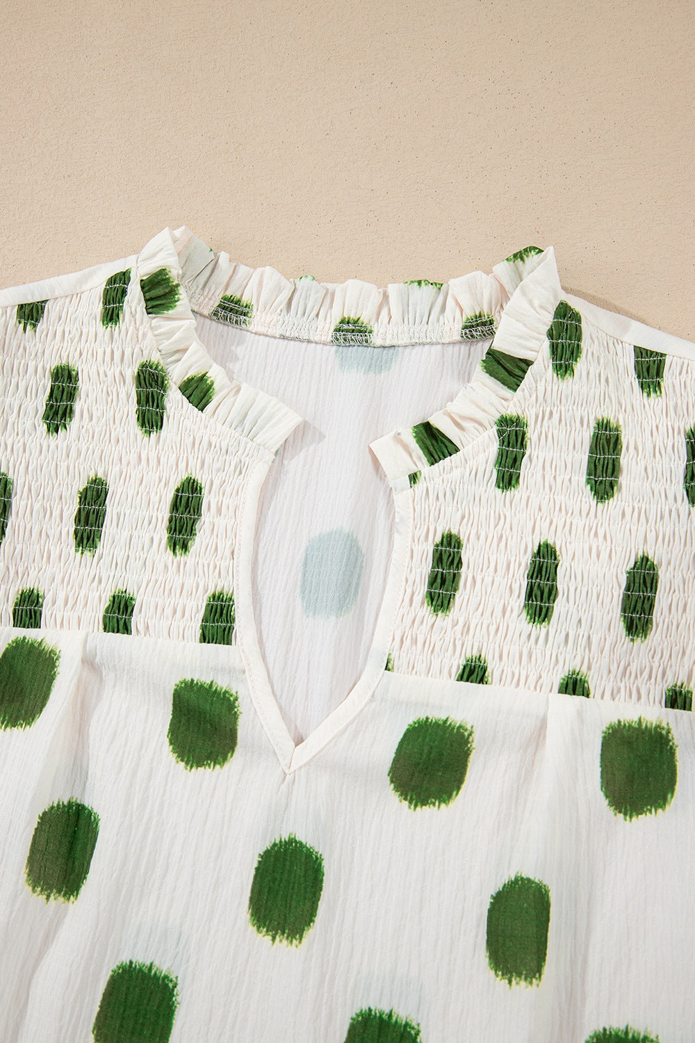 Polka Dot Shirred Yoke Notched Neck Puff Sleeve Blouse with Frill.