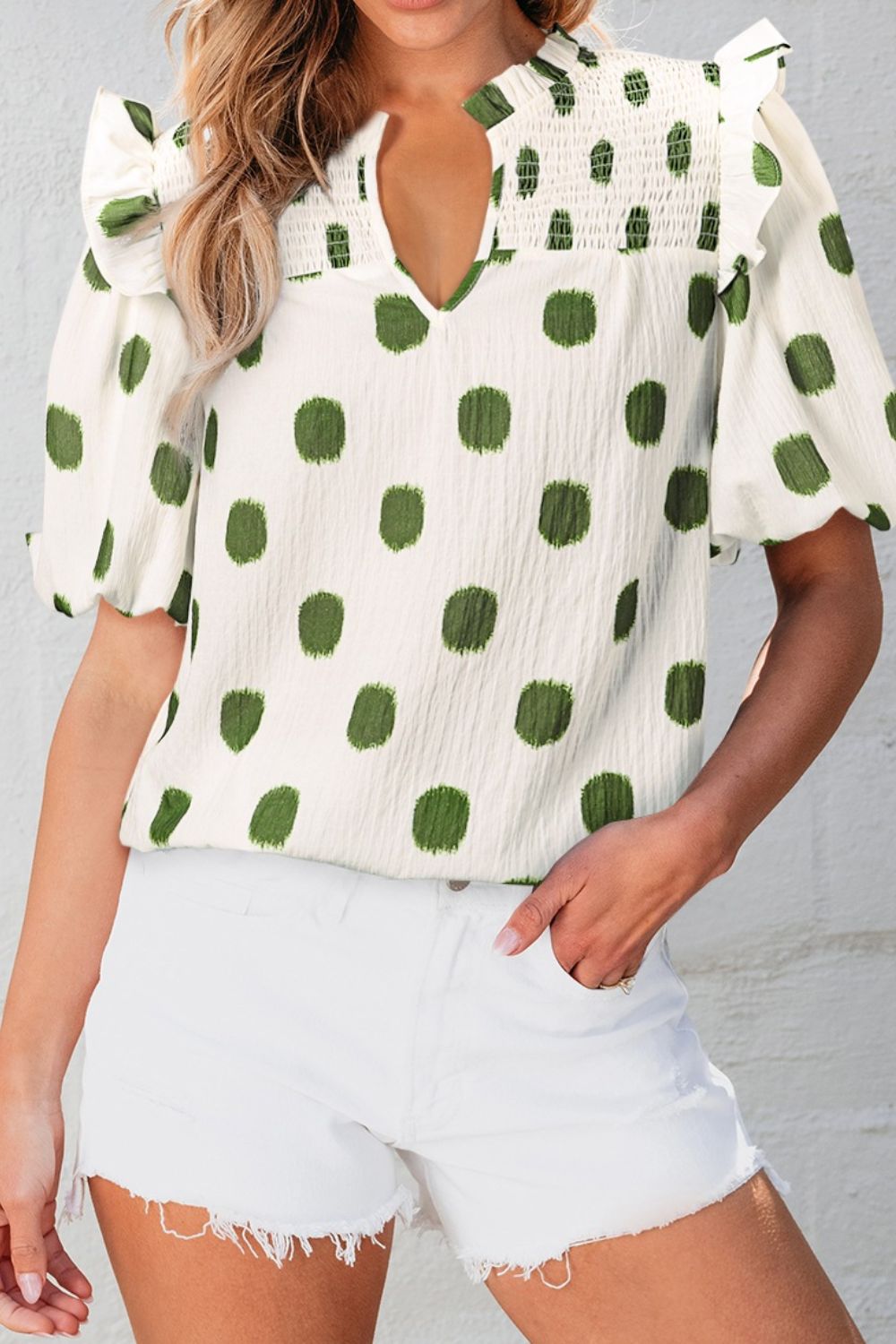 Polka Dot Shirred Yoke Notched Neck Puff Sleeve Blouse with Frill.