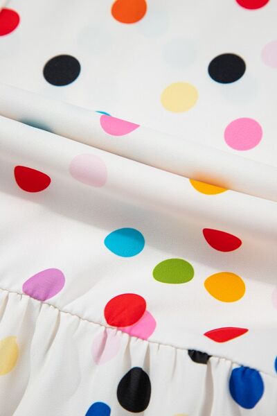 Polka Dot Short Sleeve Tiered Ruffled Babydoll Blouse.