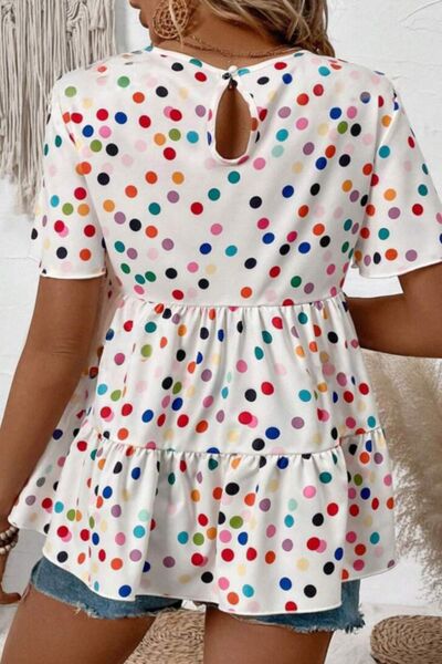 Polka Dot Short Sleeve Tiered Ruffled Babydoll Blouse.