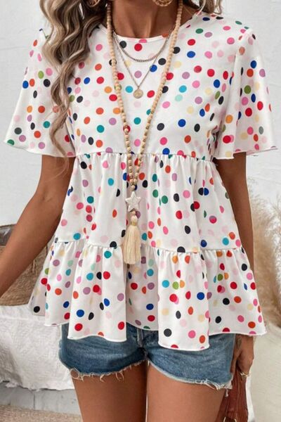 Polka Dot Short Sleeve Tiered Ruffled Babydoll Blouse.