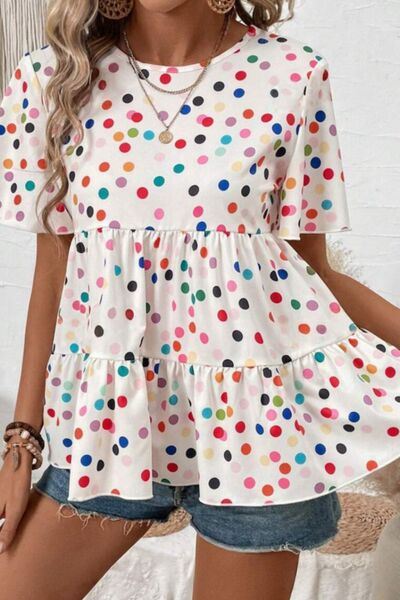 Polka Dot Short Sleeve Tiered Ruffled Babydoll Blouse.