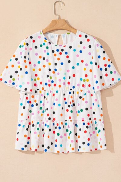 Polka Dot Short Sleeve Tiered Ruffled Babydoll Blouse.