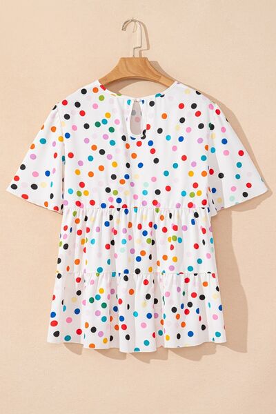 Polka Dot Short Sleeve Tiered Ruffled Babydoll Blouse.