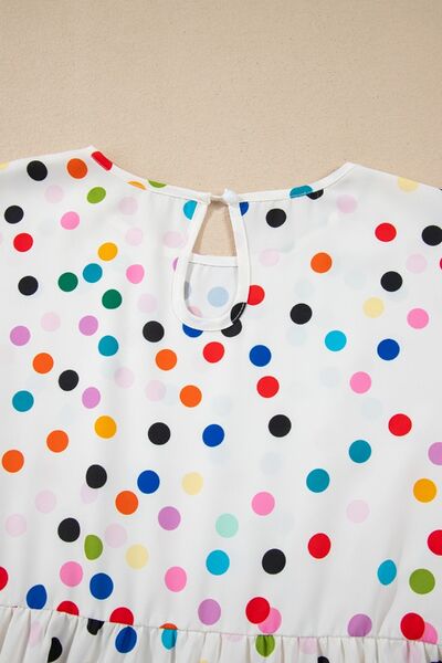 Polka Dot Short Sleeve Tiered Ruffled Babydoll Blouse.