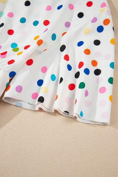 Polka Dot Short Sleeve Tiered Ruffled Babydoll Blouse.