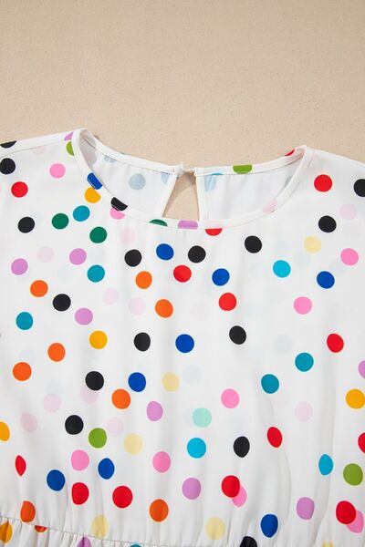 Polka Dot Short Sleeve Tiered Ruffled Babydoll Blouse.