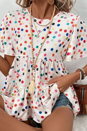 Polka Dot Short Sleeve Tiered Ruffled Babydoll Blouse.
