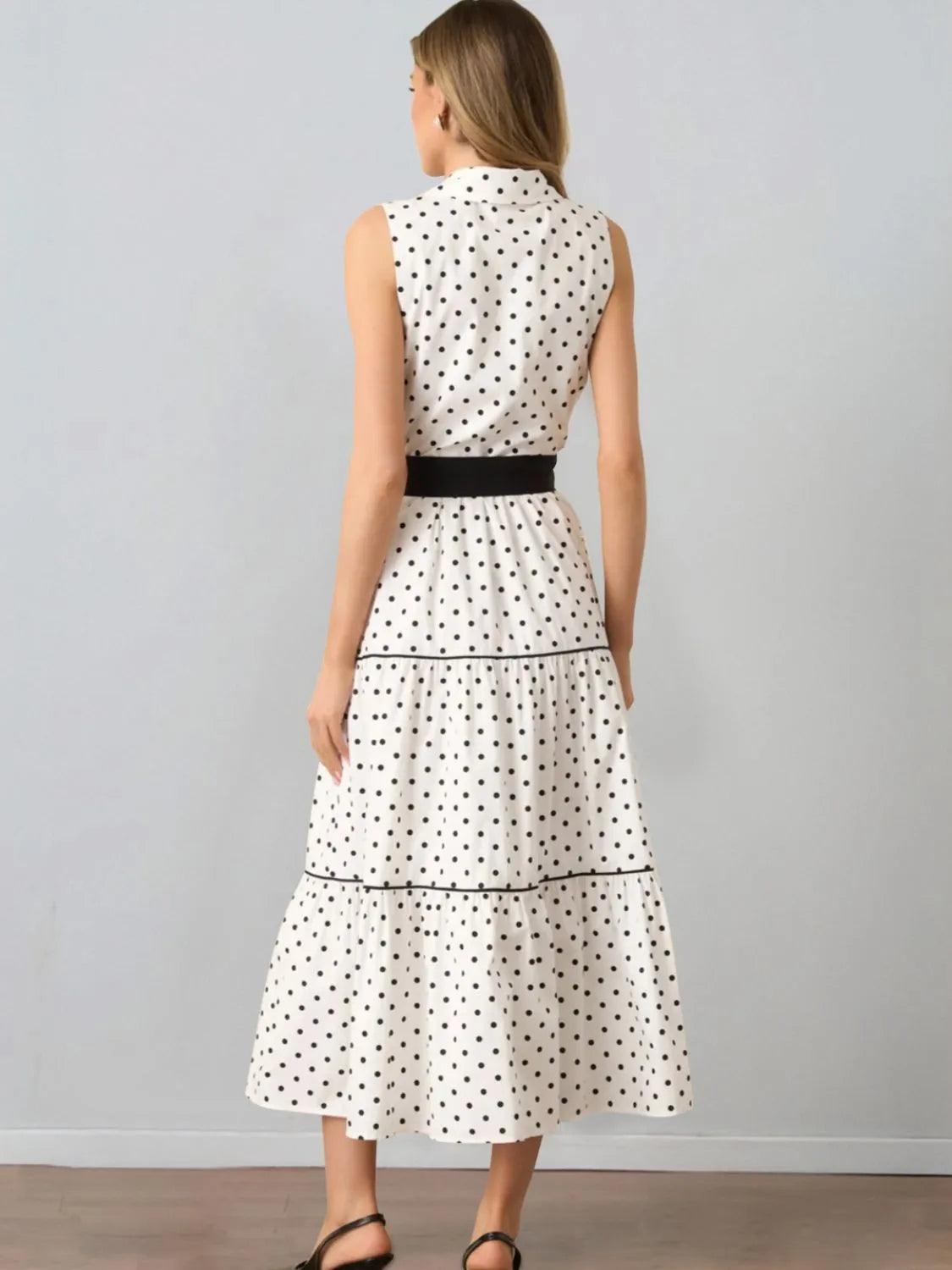 Polka Dot Sleeveless Midi Shirt Dress.