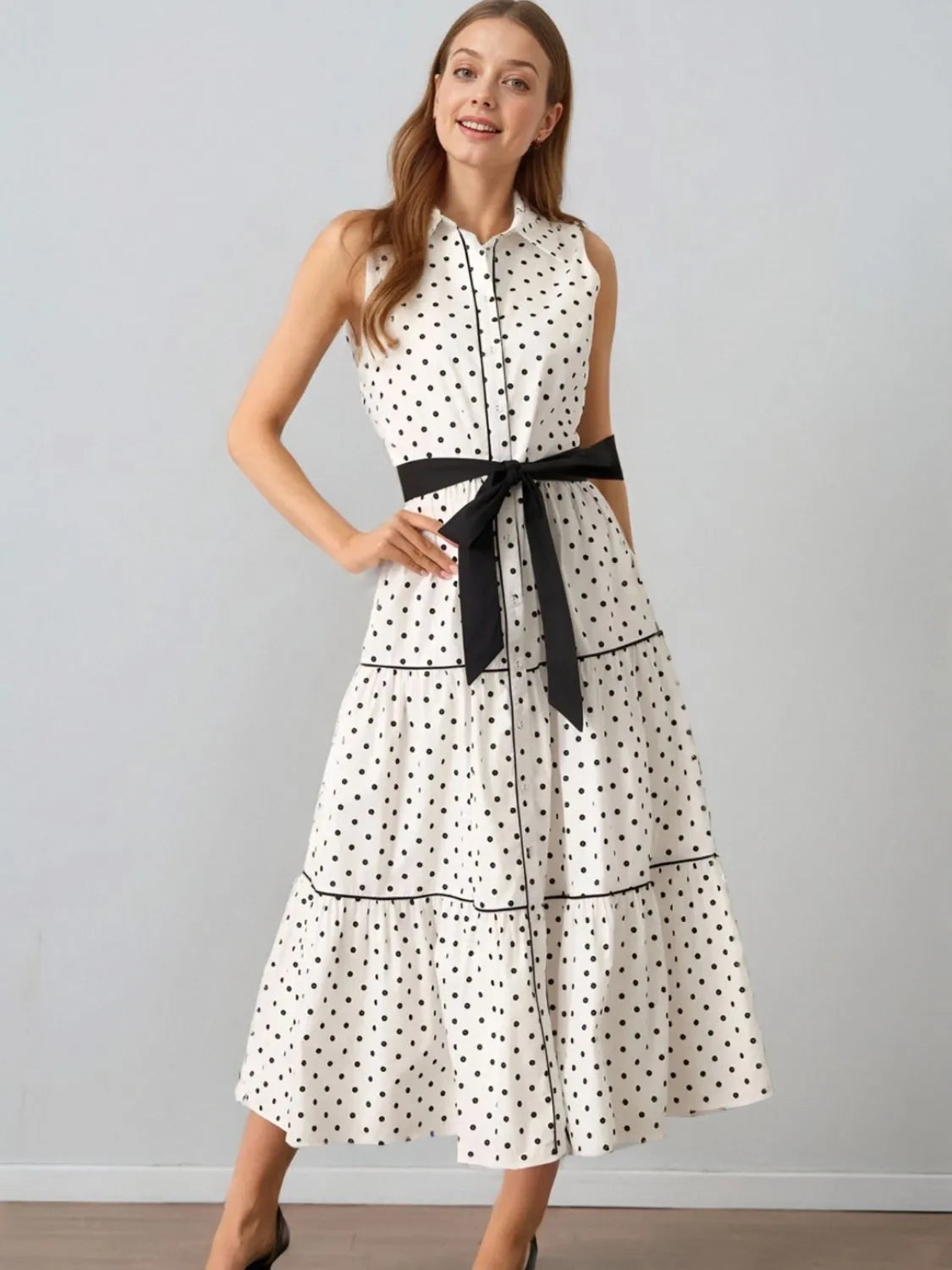 Polka Dot Sleeveless Midi Shirt Dress.