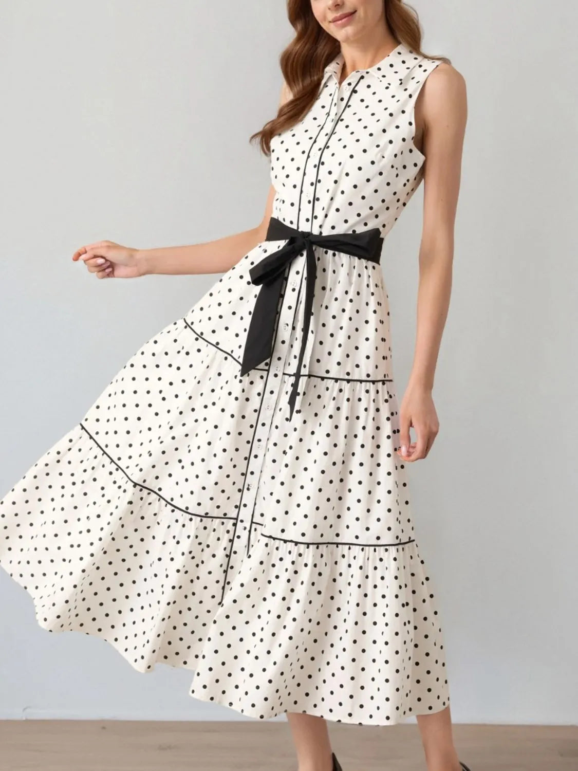 Polka Dot Sleeveless Midi Shirt Dress.