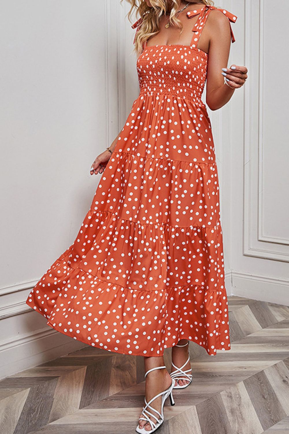 Polka Dot Smocked Tiered Sleeveless Dress.
